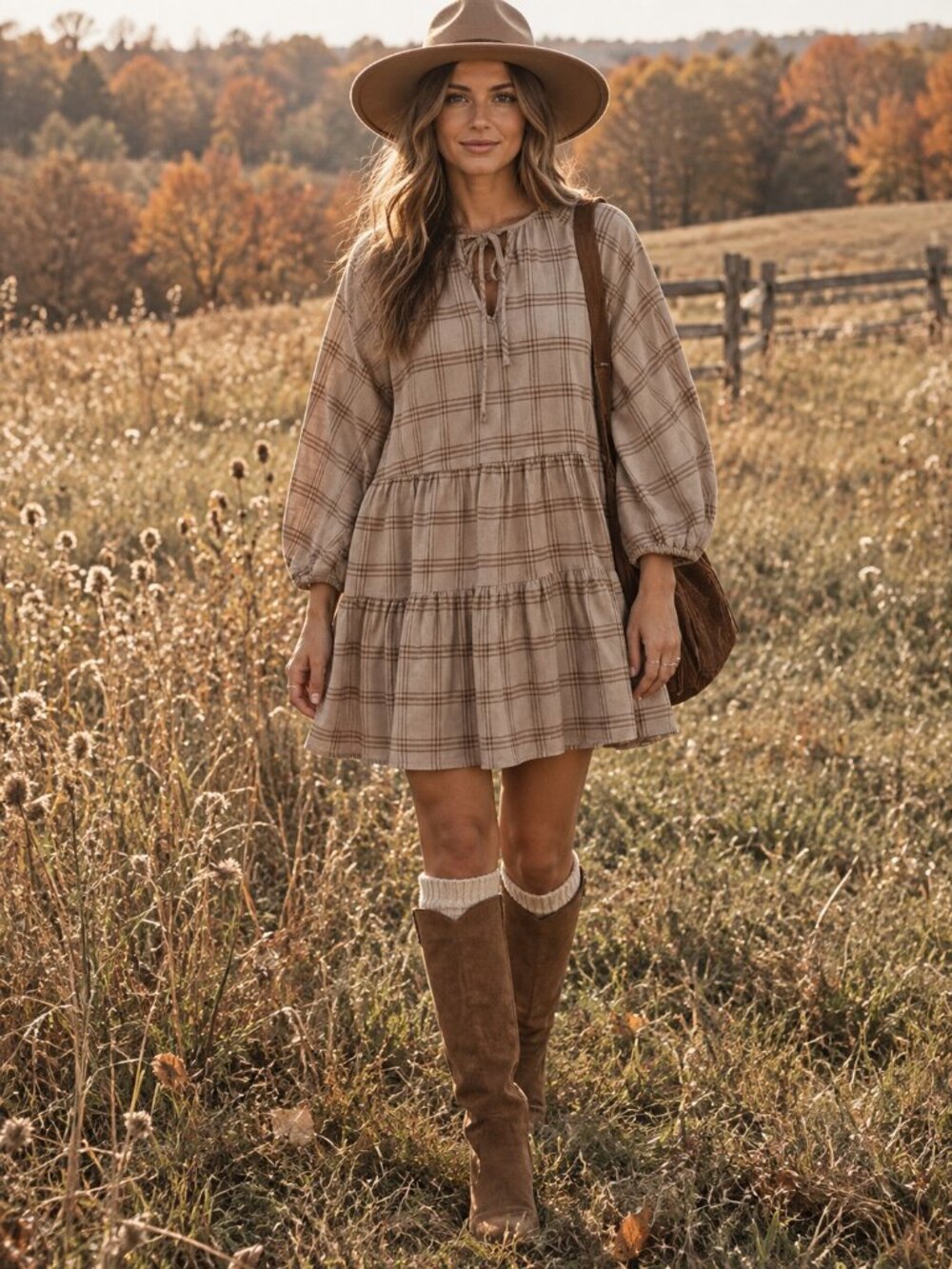SHE + SKY Plaid Tiered Mini Dress Boho Prairie Cottagecore Fall Babydoll M